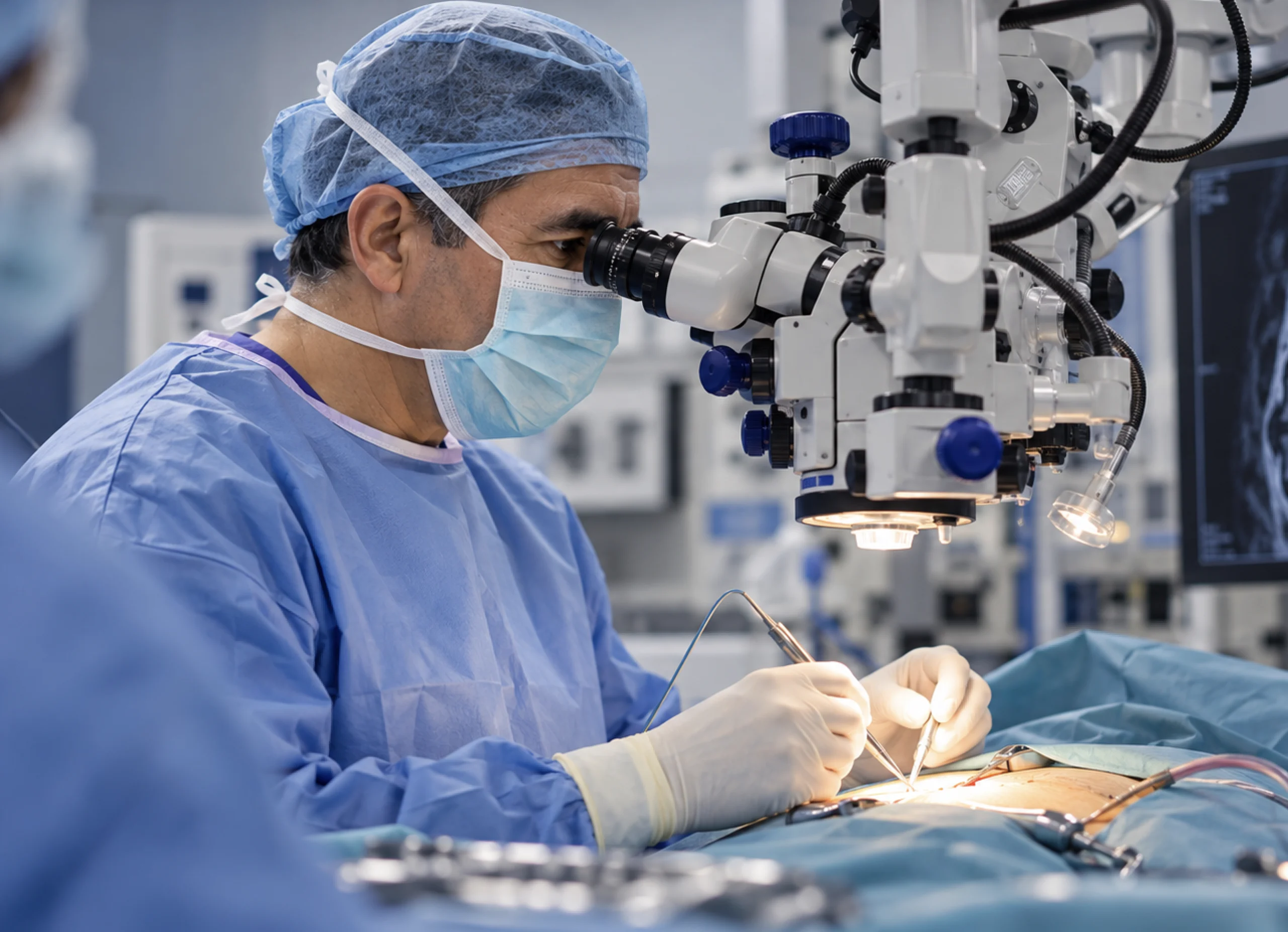 Neurocirujano realizando microcirugía lumbar con microscopio quirúrgico